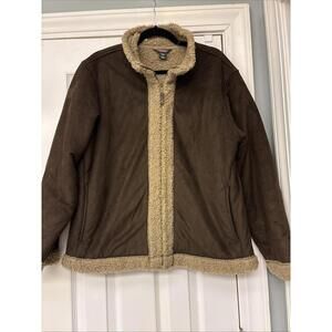 WOOLRICH FAUX SUEDE SHEARLING COAT SHERPA JACKET BUTTON FRONT BROWN. SIZE XL